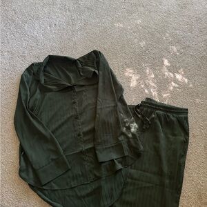 Nuuds Satin pajamas - 2 pc long sleeve button up and pants - evergreen